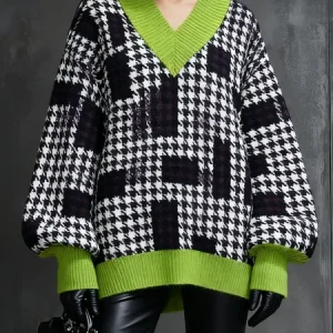 Casual Color Block V Neck Sweater, Pullovers, color:As Picture|size:XXL, Stylewe