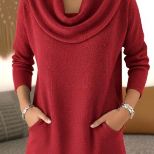 Casual Plain Mock Neck Long Sleeve T-shirt, T-shirts, color:Red|size:5XL, catalog Noracora shop