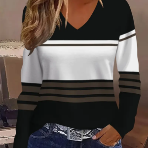 Women Striped Long Sleeve Tee T-shirt V Neck Printing Casual Spring/Fall Graphic Tee Top, JustFashionNow T-Shirts, color:Black|size:XXL,
