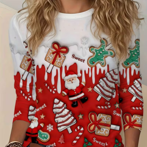 Women Santa Claus Long Sleeve Tee T-shirt Crew Neck Printing Casual Spring/Fall Graphic Tee Top, JustFashionNow T-Shirts, color:Red|size:XXL,