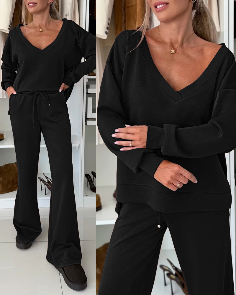 2 Pieces Outfit Plunge V Neck Pullover Sweatshirt and Casual Drawstring Waist Wide Leg Pants Set, women Two-piece Sets, ChicMe catalog - Image 2