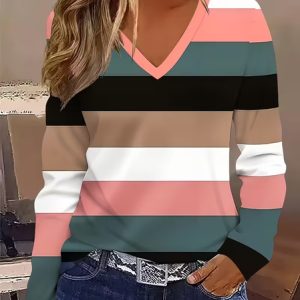Women Striped Long Sleeve Tee T-shirt V Neck Printing Casual Spring/Fall Graphic Tee Top, JustFashionNow T-Shirts, color:As Picture|size:XXL