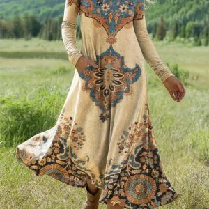 Women Geometric Summer Dress Crew Neck Long Sleeve H-Line Dress, Dresses, color:As Picture|size:XL, catalog Noracora shop