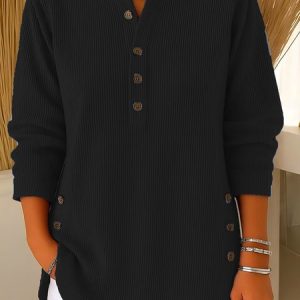 Women Plain Long Sleeve Tee T-shirt Crew Neck Buckle Vintage Spring/Fall Top, JustFashionNow T-Shirts, color:Black|size:3XL
