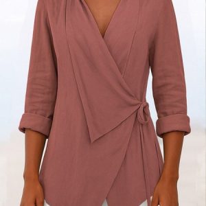 Shawl Collar Long Sleeve Plain Regular Regular Fit Blouse For Women, Blouses, color:Brick Red|size:3XL, catalog Noracora shop