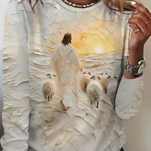 Casual Jesus Copy Crew Neck Long Sleeve T-shirt, T-shirts, color:Apricot|size:XXL, catalog Noracora shop