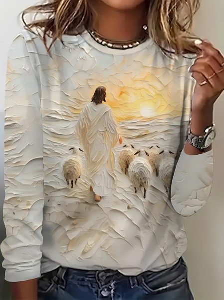 Women Jesus Copy Long Sleeve Tee T-shirt Crew Neck Printing Casual Spring/Fall Graphic Tee Top, JustFashionNow T-Shirts, color:Apricot|size:XXL,