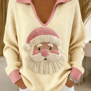 Women Santa Claus Printing Spring/Fall Casual Long Sleeve Shawl Collar Sweater, JustFashionNow Sweaters, color:Beige|size:4XL,