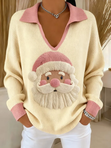 Women Santa Claus Printing Spring/Fall Casual Long Sleeve Shawl Collar Sweater, JustFashionNow Sweaters, color:Beige|size:4XL,