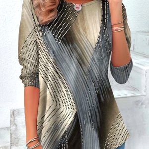 Casual Geometric Crew Neck Long Sleeve T-shirt, T-shirts, color:Khaki|size:3XL, catalog Noracora shop