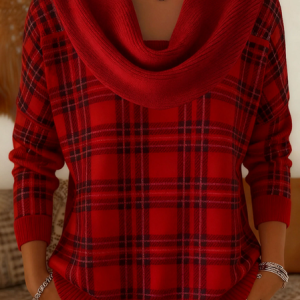 Women Plaid Long Sleeve Comfy Casual Printing Sweater, Sweaters, color:Red|size:3XL, catalog Noracora shop
