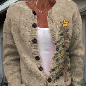 Women Christmas Long Sleeve Comfy Vintage Printing Cardigan, Cardigans, color:Oatmeal|size:5XL, catalog Noracora shop