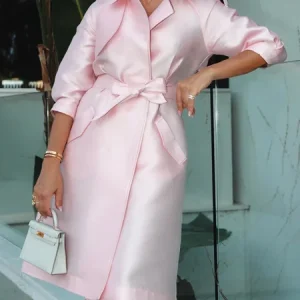 Urban Plain Lapel Collar Trench Coat With Belt, Trench Coats, color:Pink|size:XXL, Stylewe