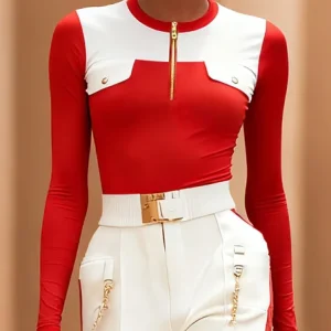 Knitted Casual Color Block Zipper T-shirt, Tees, color:Red|size:XXL, Stylewe