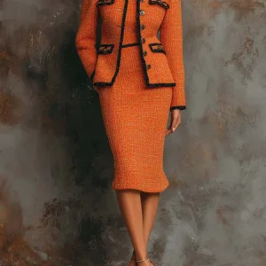Elegant Color Block Crew Neck Jacket, Jackets, color:Orange|size:XXL, Stylewe
