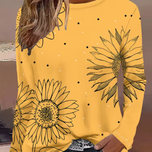 Women Sunflower Long Sleeve Tee T-shirt Crew Neck Printing Casual Spring/Fall Graphic Tee Top, JustFashionNow T-Shirts, color:Yellow|size:XXL,