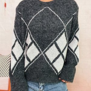 Women Cotton Geometric Long Sleeve Comfy Casual Sweater, Sweaters, color:Deep Gray|size:L, catalog Noracora shop