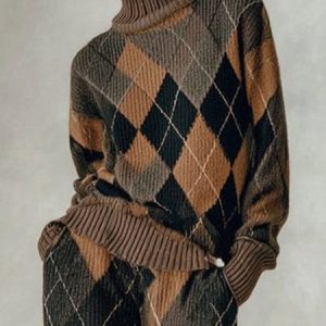 Casual Plaid Turtleneck Sweater, Pullovers, color:As Picture|size:XXL, Stylewe