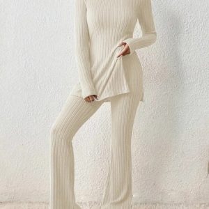 Casual Plain Crew Neck Regular Fit Lounge Set, Sets, color:Ivory|size:3XL, catalog Noracora shop