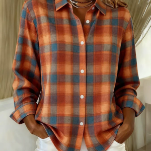 Shirt Collar Regular Sleeve Long Sleeve Plaid Buckle Regular Loose Button Up Shirt Shirt For Women, Shirts, color:Orange|size:XXL, catalog Noracora shop