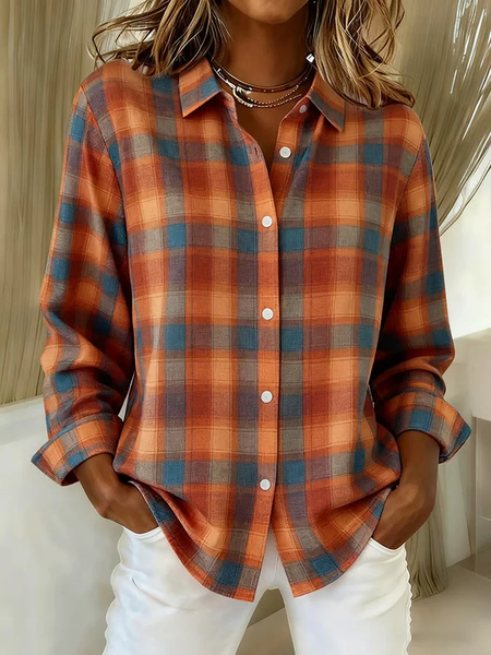 Women Plaid Long Sleeve Shirt Spring/Fall Buckle Shirt Collar Regular Sleeve Daily Casual Top, JustFashionNow Shirts, color:Orange|size:XXL,