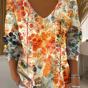Casual Floral V Neck Long Sleeve T-shirt, Sweaters, color:Orange|size:4XL, catalog Noracora shop