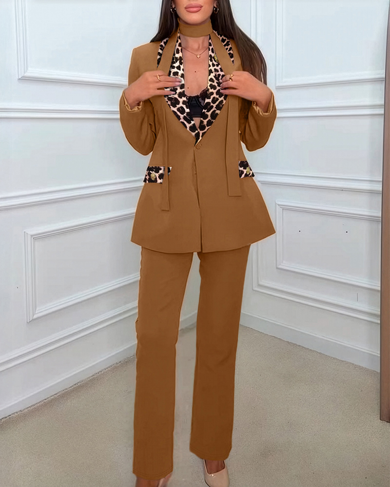 2 Pieces Outfit Metal Decor Leopard Print Spliced Shawl Collar Single Breasted Flap Detail Coat and Zipper Fly Pants Set Casual Blazer Set with Utility Belt, women Two-piece Sets, ChicMe catalog