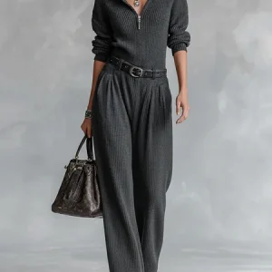 Casual Zipper Plain Mock Neck Sweater Jumpsuit With Belt, Jumpsuits, color:Gray|size:XXL, Stylewe