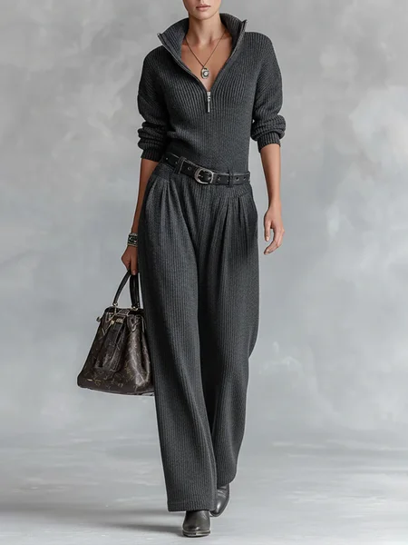 Casual Zipper Plain Mock Neck Sweater Jumpsuit With Belt, Jumpsuits, color:Gray|size:XXL, Stylewe