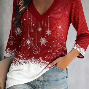 Loose Simple Christmas V Neck Knit Top, T-shirts, color:Crimson|size:4XL, catalog Noracora shop