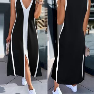 Striped Sleeveless Plunge Neckline Midi Dress with Slit Detail Casual Loose Fit A Line Dress, women Casual Dresses, ChicMe catalog
