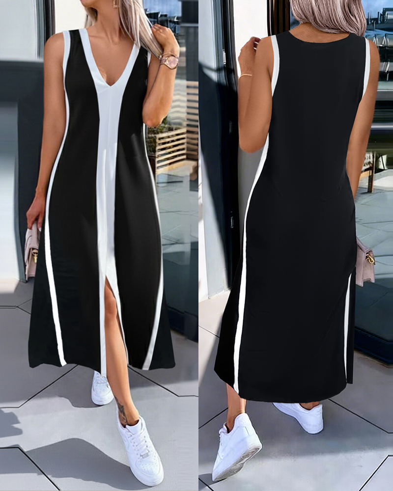 Striped Sleeveless Plunge Neckline Midi Dress with Slit Detail Casual Loose Fit A Line Dress, women Casual Dresses, ChicMe catalog