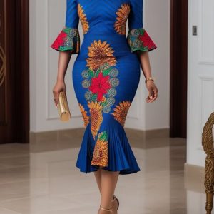 Elegant Floral Ruffle Sleeve Printing Stand Collar Midi Dress, Midi Dresses, color:Blue|size:XXL, Stylewe