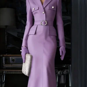 Elegant Plain  Lapel Collar Midi Dress With Belt, Midi Dresses, color:Purple|size:XXL, Stylewe