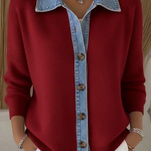 Women Knitted Multicolor Block Long Sleeve Comfy Casual Cardigan, Sweaters, color:Red|size:3XL, catalog Noracora shop