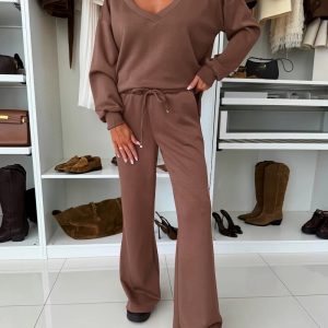 2 Pieces Outfit Plunge V Neck Pullover Sweatshirt and Casual Drawstring Waist Wide Leg Pants Set, women Two-piece Sets, ChicMe catalog