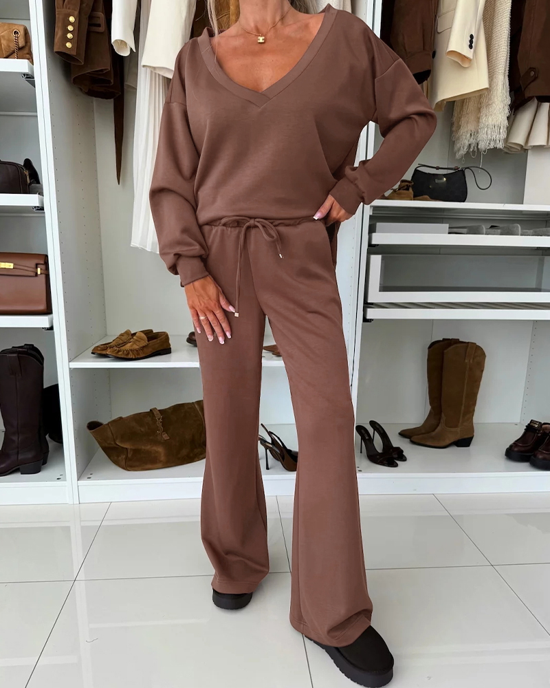 2 Pieces Outfit Plunge V Neck Pullover Sweatshirt and Casual Drawstring Waist Wide Leg Pants Set, women Two-piece Sets, ChicMe catalog