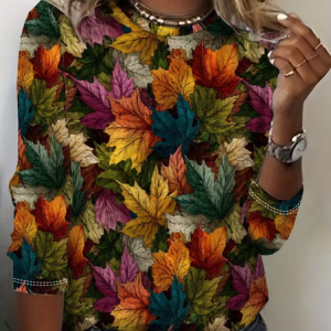 Casual Maple Leaf Crew Neck Long Sleeve T-shirt, T-shirts, color:As Picture|size:XXL, catalog Noracora shop