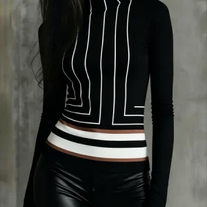 Urban Color Block Printing Mock Neck T-shirt, Tees, color:Black-white|size:XXL, Stylewe