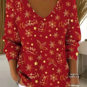 Women Cotton Christmas Long Sleeve Comfy Casual Sweater, Sweaters, color:Red|size:3XL, catalog Noracora shop