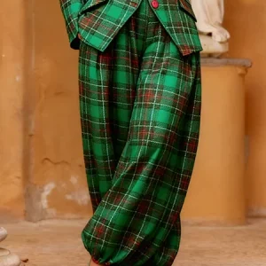 Urban Plaid Ankle Banded Pants, Pants, color:Green|size:XXL, Stylewe