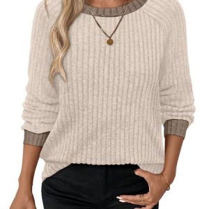 Women Plain Long Sleeve Tee T-shirt Crew Neck Casual Spring/Fall Top, JustFashionNow T-Shirts, color:Apricot|size:XXL