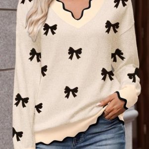Women Cotton Geometric Long Sleeve Comfy Casual Sweater, Sweaters, color:Off White|size:L, catalog Noracora shop