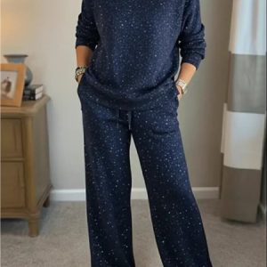 Women Plain Glitter Two-Piece Set Daily Long Sleeve Casual Spring/Fall Top With Pants Matching Set, JustFashionNow Suit Set, color:Deep Blue|size:3XL,