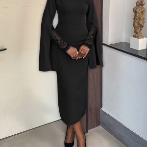 Asymmetrical Foldover Neck Lace Long Sleeve with Split Sleeve Overlay Party Dress Slim Fit Zipper Back Slit Commuting Dress, women Bodycon Dresses, ChicMe catalog