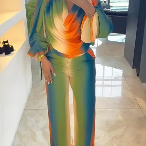 2 Pieces Outfit Cowl Neck Puff Sleeve Loose Fit Top and Zipper Fly Elastic Back Waist Wide Leg Pants Set Casual Tie Dye Print Set, women Two-piece Sets, ChicMe catalog