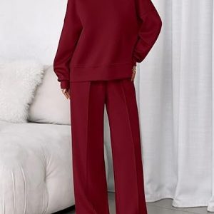 Women Plain Two-Piece Set Daily Long Sleeve Casual Spring/Fall Top With Pants Matching Set, Jumpsuits&Rompers, color:Wine Red|size:XXL, catalog Noracora shop