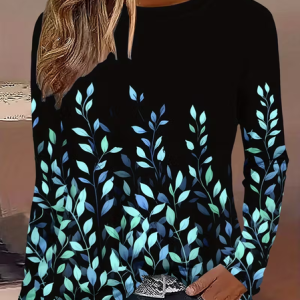 Women Leaf Long Sleeve Tee T-shirt Crew Neck Printing Casual Spring/Fall Graphic Tee Top, JustFashionNow T-Shirts, color:Black|size:XXL,