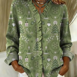 Lace Collar Long Sleeve Santa Claus Regular Loose Shirt For Women, Shirts, color:Green|size:4XL, catalog Noracora shop