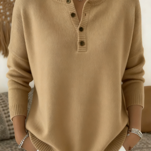 Women Cotton Plain Long Sleeve Comfy Casual Sweater, Sweaters, color:Khaki|size:3XL, catalog Noracora shop
